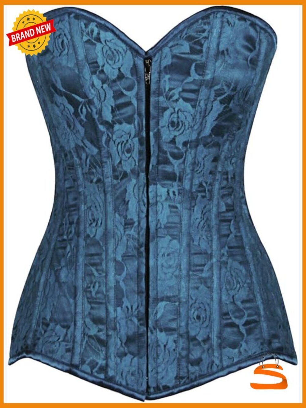 Overbust Corset with Lace, Front Zipper, and Back Lacing